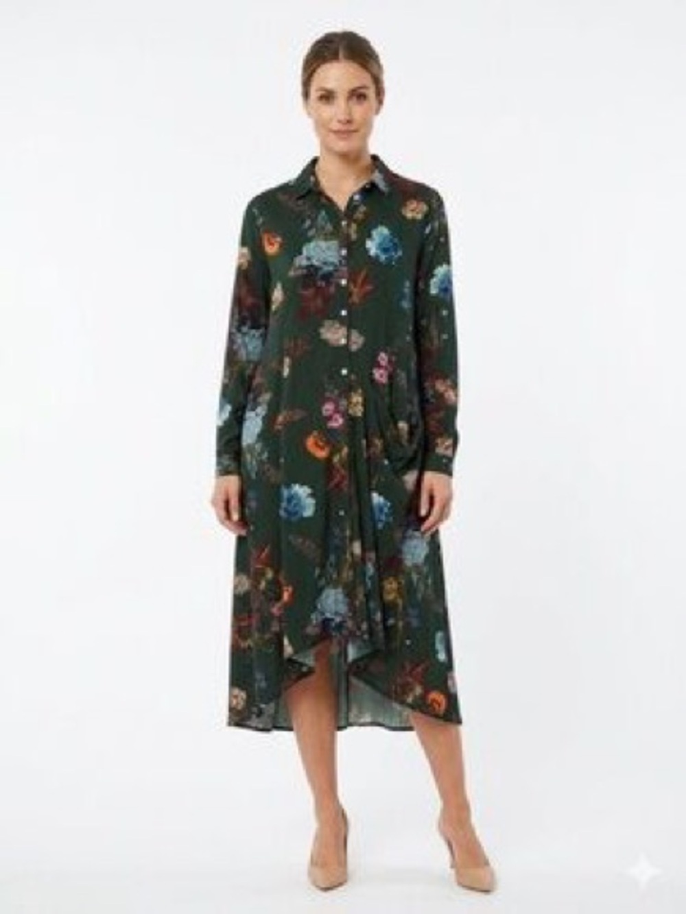 Dark Green Floral Long-Sleeve Button Midi Dress